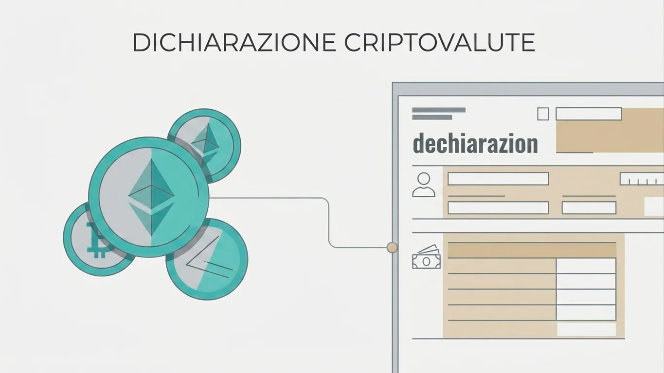 Simboli di criptovaluta affiancati a un modulo fiscale che rappresenta il profilo di plusvalenza