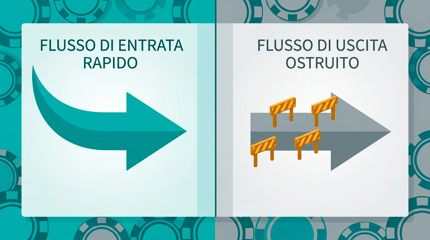 Frecce contrapposte di deposito rapido e prelievo ostacolato su un casino online