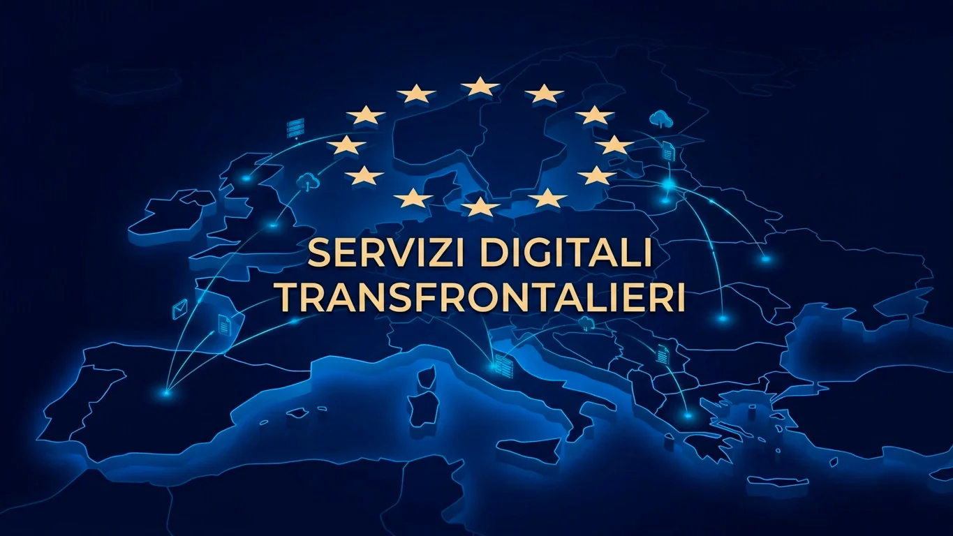 Bandiera europea stilizzata con simboli di servizi transfrontalieri di gioco online